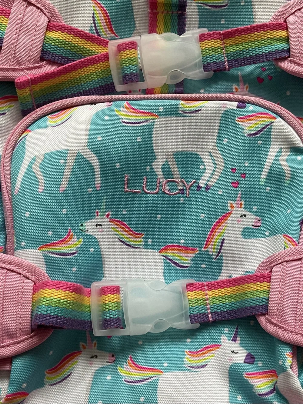 Pottery Barn Kids Aqua & Pink Unicorn Backpack and pencil case with Rainbows 565